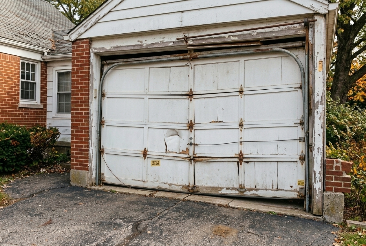 Weathered white garage door with rusted hardware and peeling paint on a brick house, showing a cracked asphalt driveway nearby.