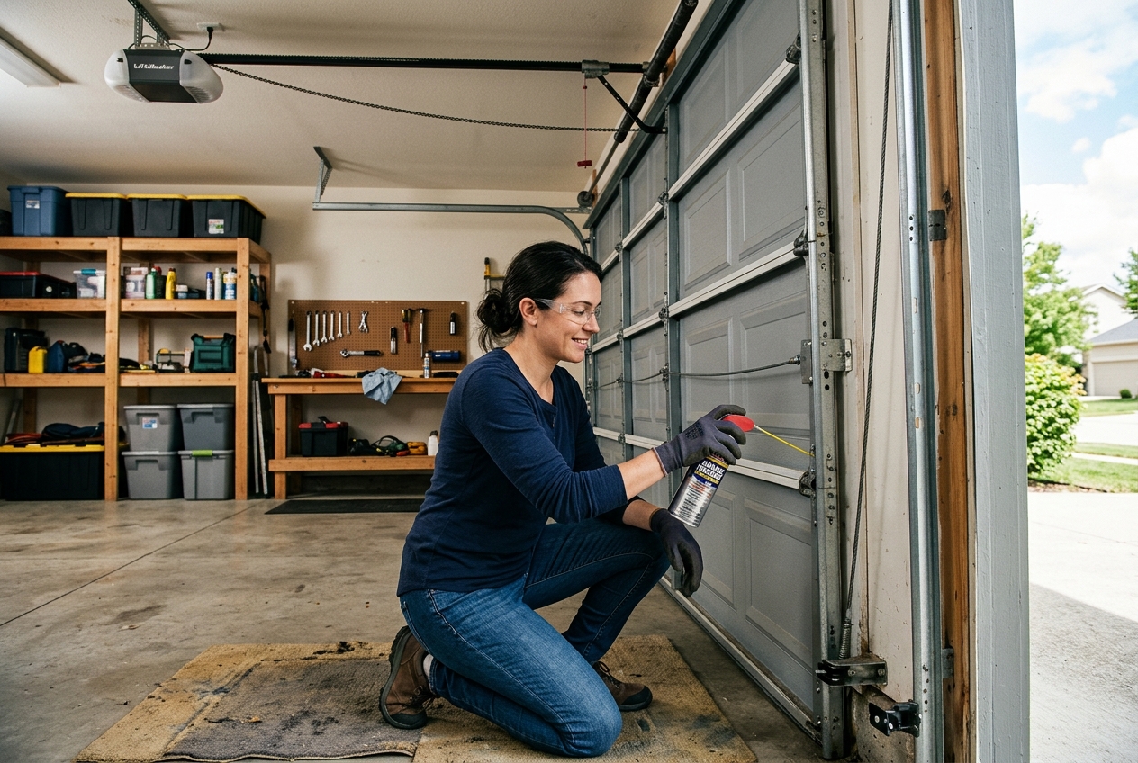 Woman kneeling in a garage, spraying lubricant on a metal sectional garage door.